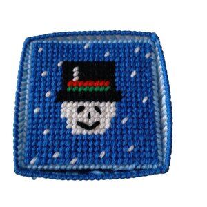 Handmade Needlepoint Plastic Canvas Snowman Christmas Coaster Set and Holder CB1